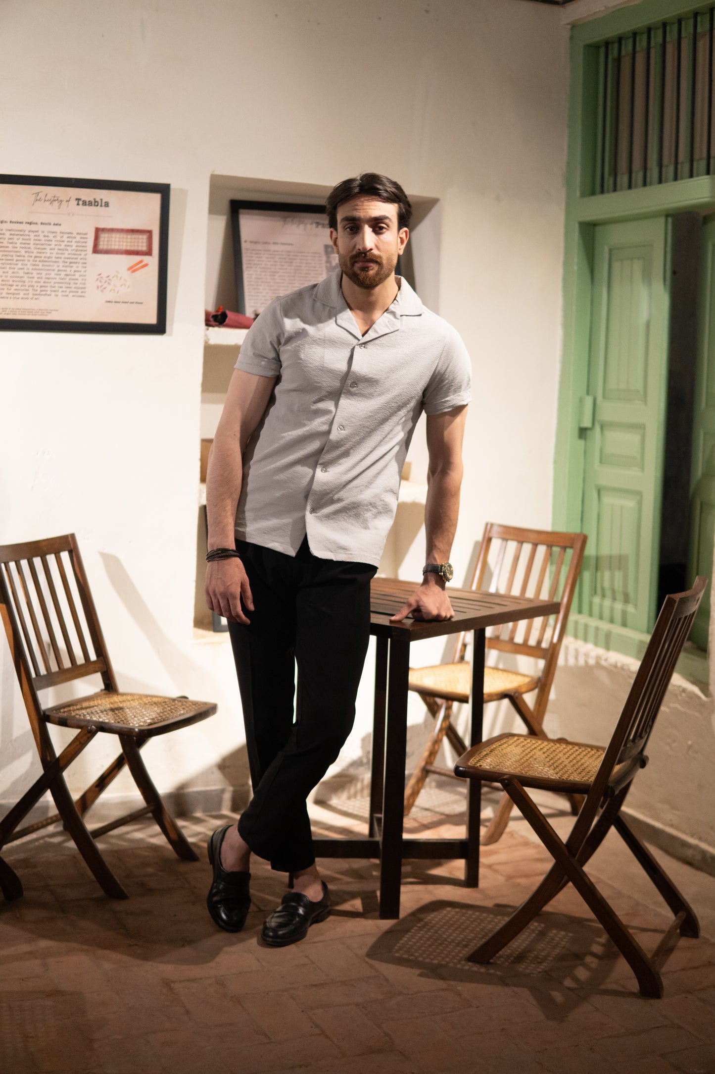 Grey Signature Knitted Cuban Shirt for Men – 100% Polyester