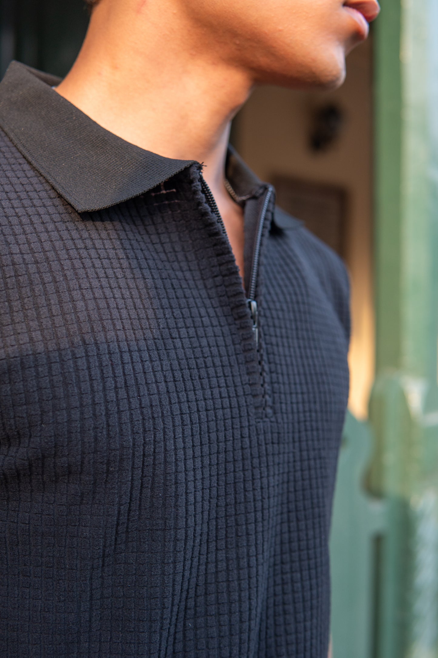 Men’s Black Square Knitted Zipper Polo Shirt