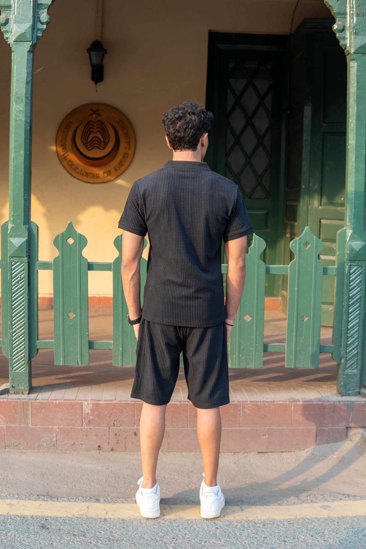 Men’s Black Square Knitted Polo & Shorts Set – Modern Casual Co-ord