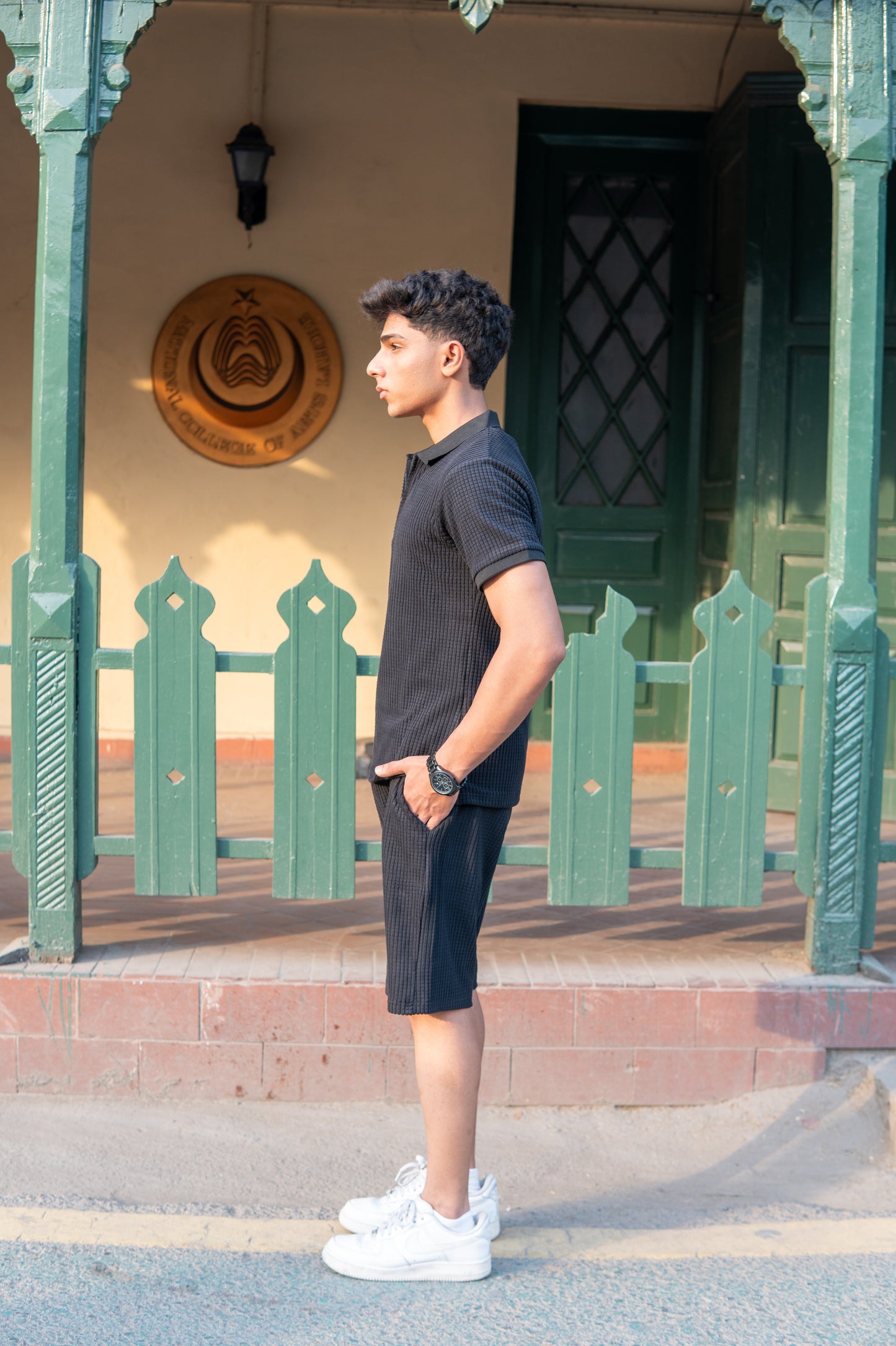 Men’s Black Square Knitted Polo & Shorts Set – Modern Casual Co-ord