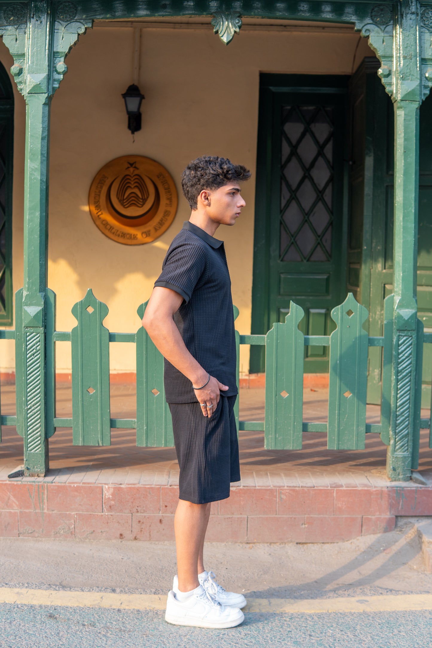 Men’s Black Square Knitted Polo & Shorts Set – Modern Casual Co-ord