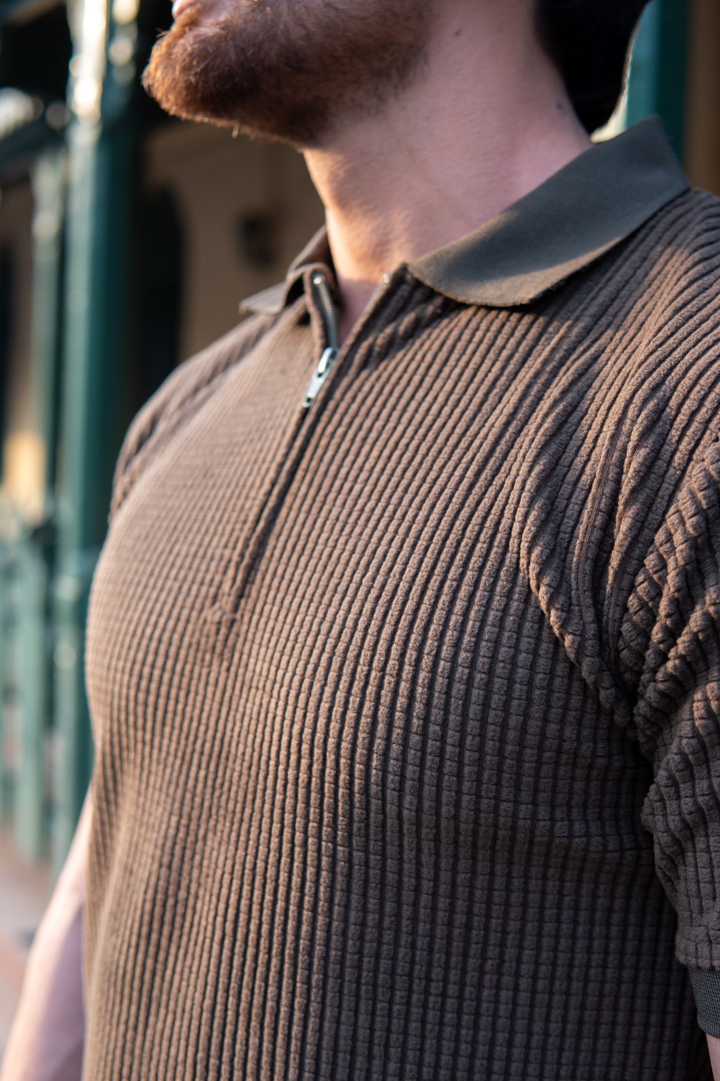 Forest Green Square Knitted Zipper Polo Shirt for men