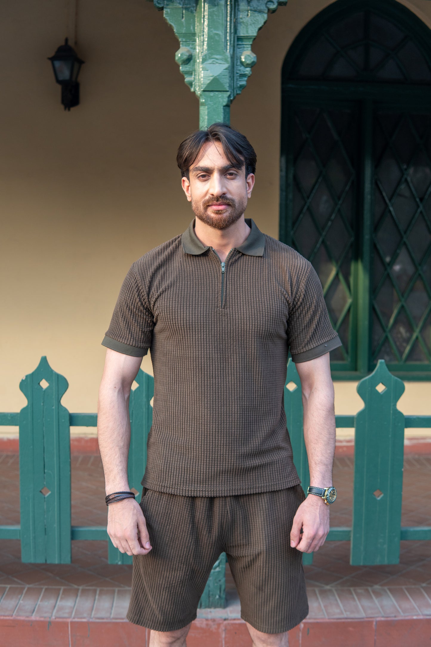 Men’s Forest Green Square Knitted Polo & Shorts Set