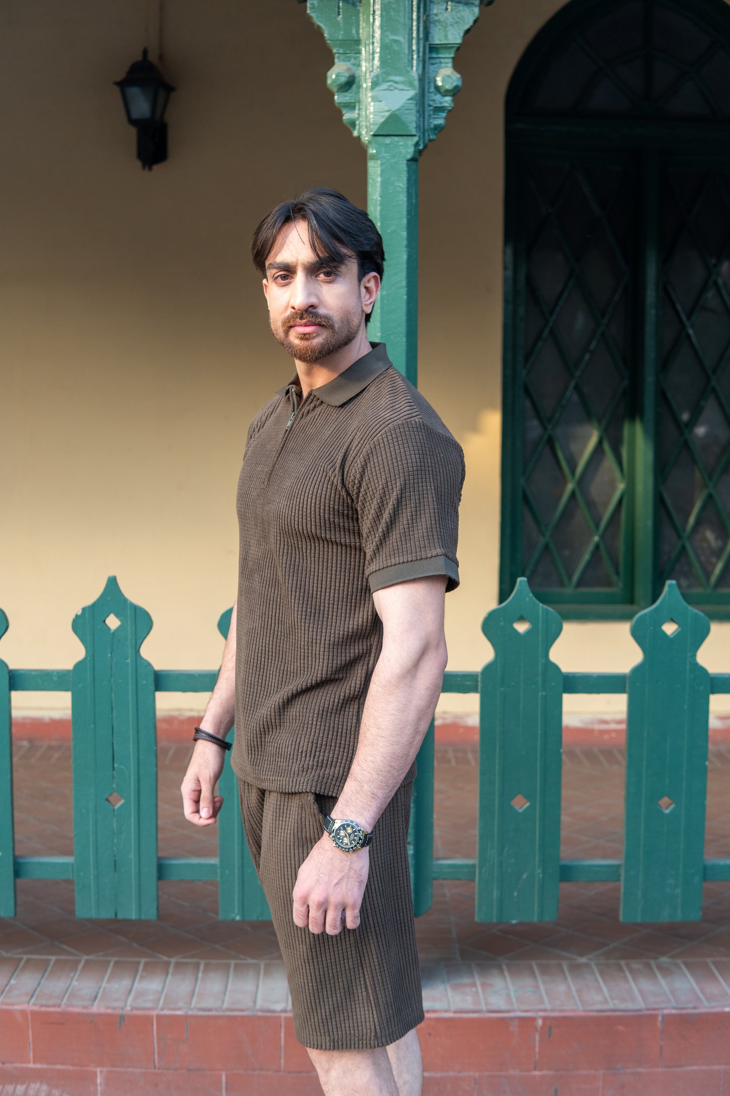 Men’s Forest Green Square Knitted Polo & Shorts Set