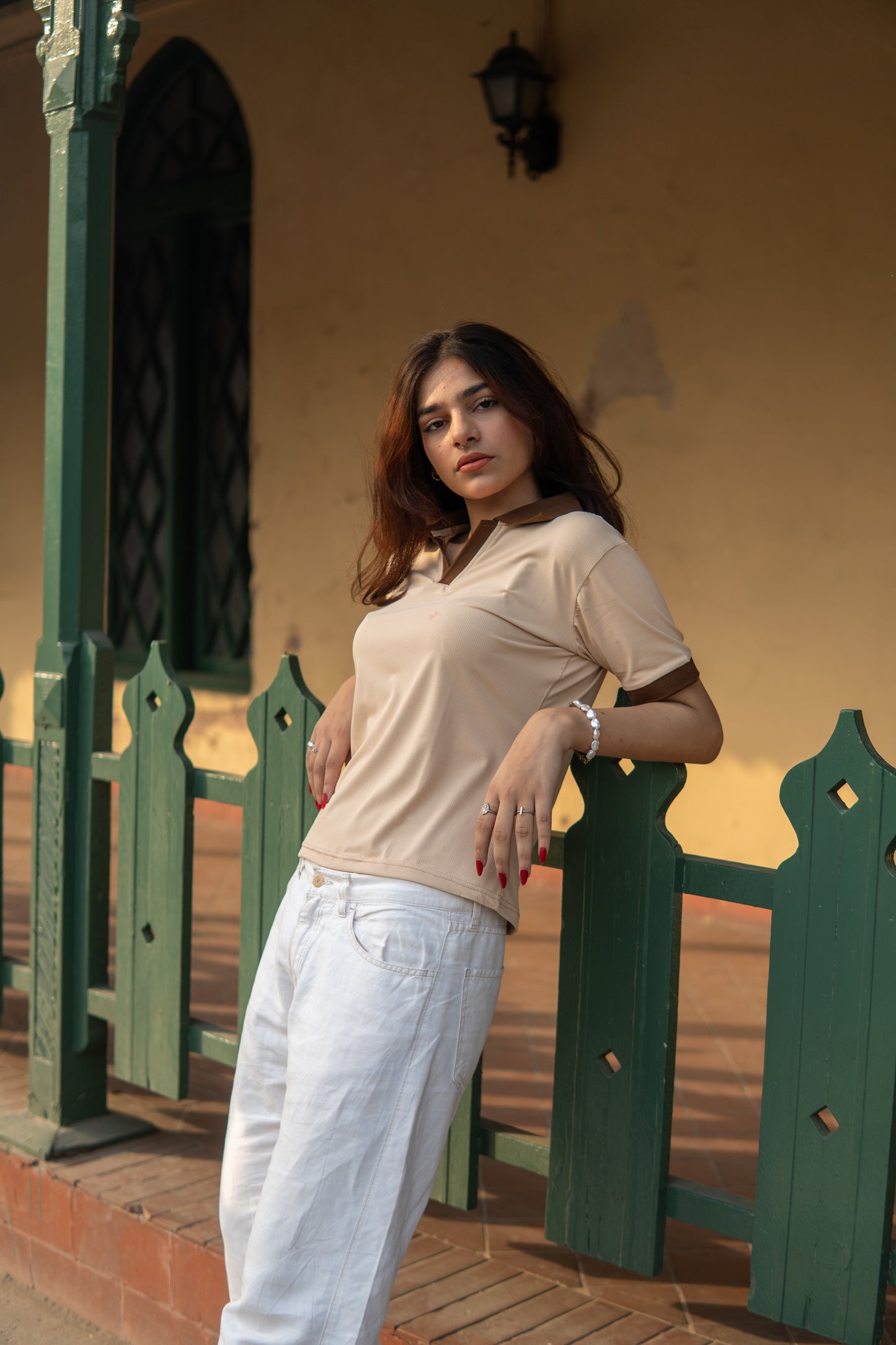 Beige Cropped Subox Knitted Polo Shirt for Women – Half Sleeves