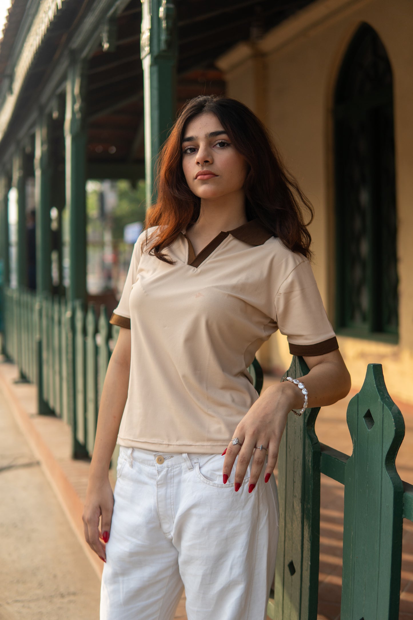 Beige Cropped Subox Knitted Polo Shirt for Women – Half Sleeves