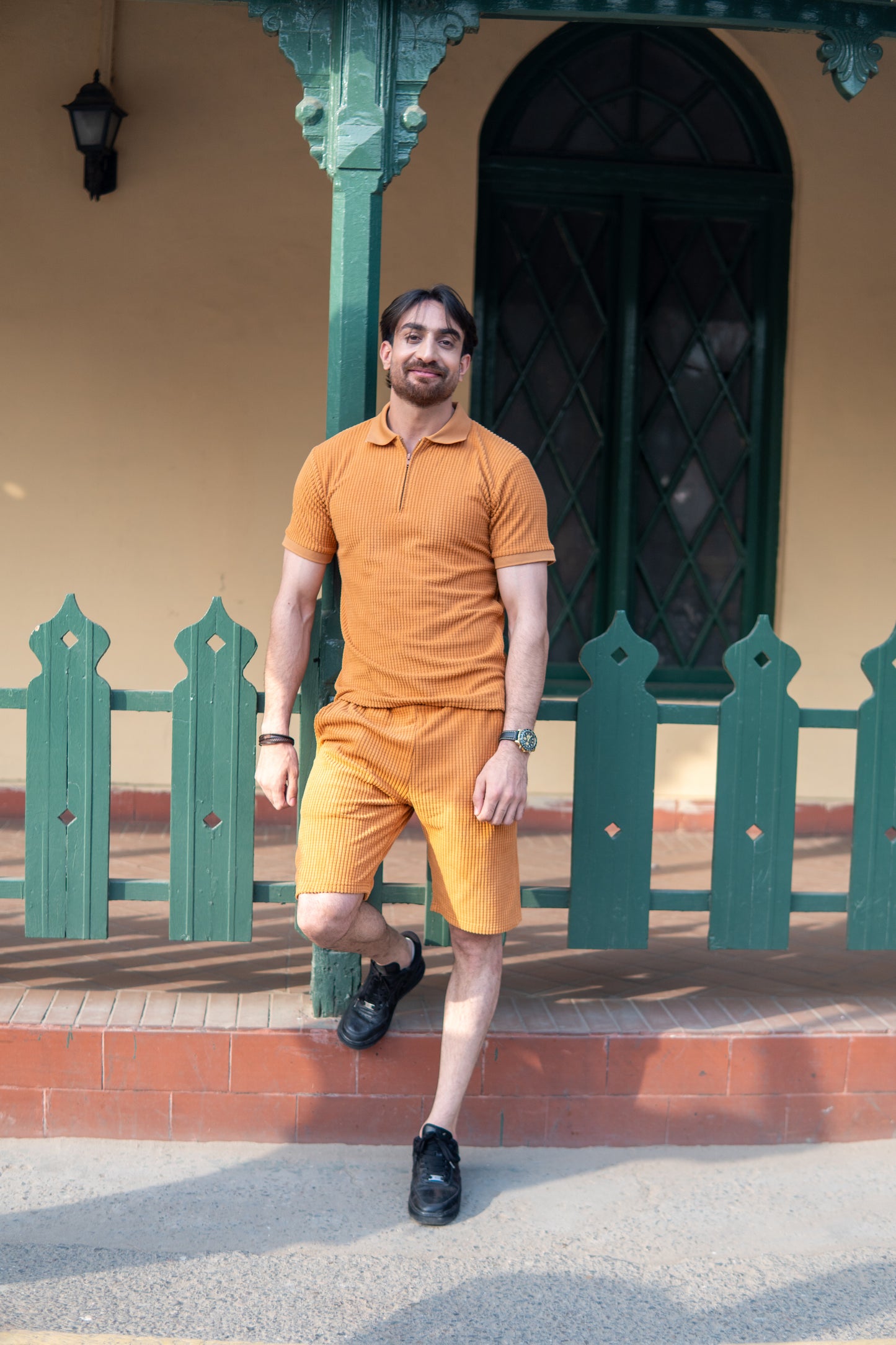 Men’s Tan Square Knitted Polo & Shorts Set