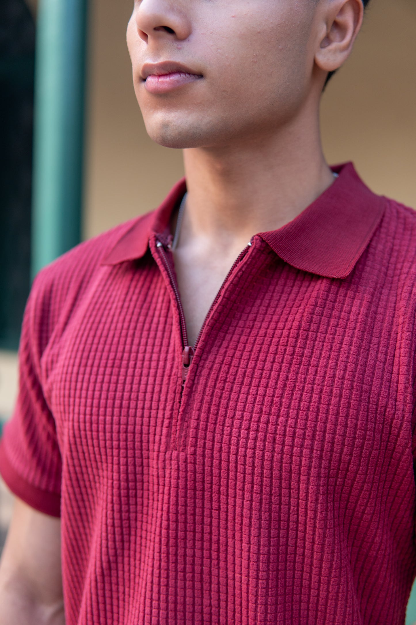 Men’s Wine Square Knitted Zipper Polo Shirt