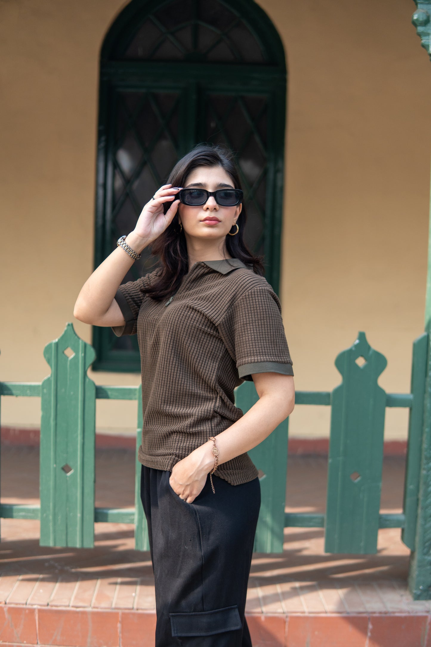 Forest Green Women’s Knitted Zip-Up Polo Shirt – Half Sleeves