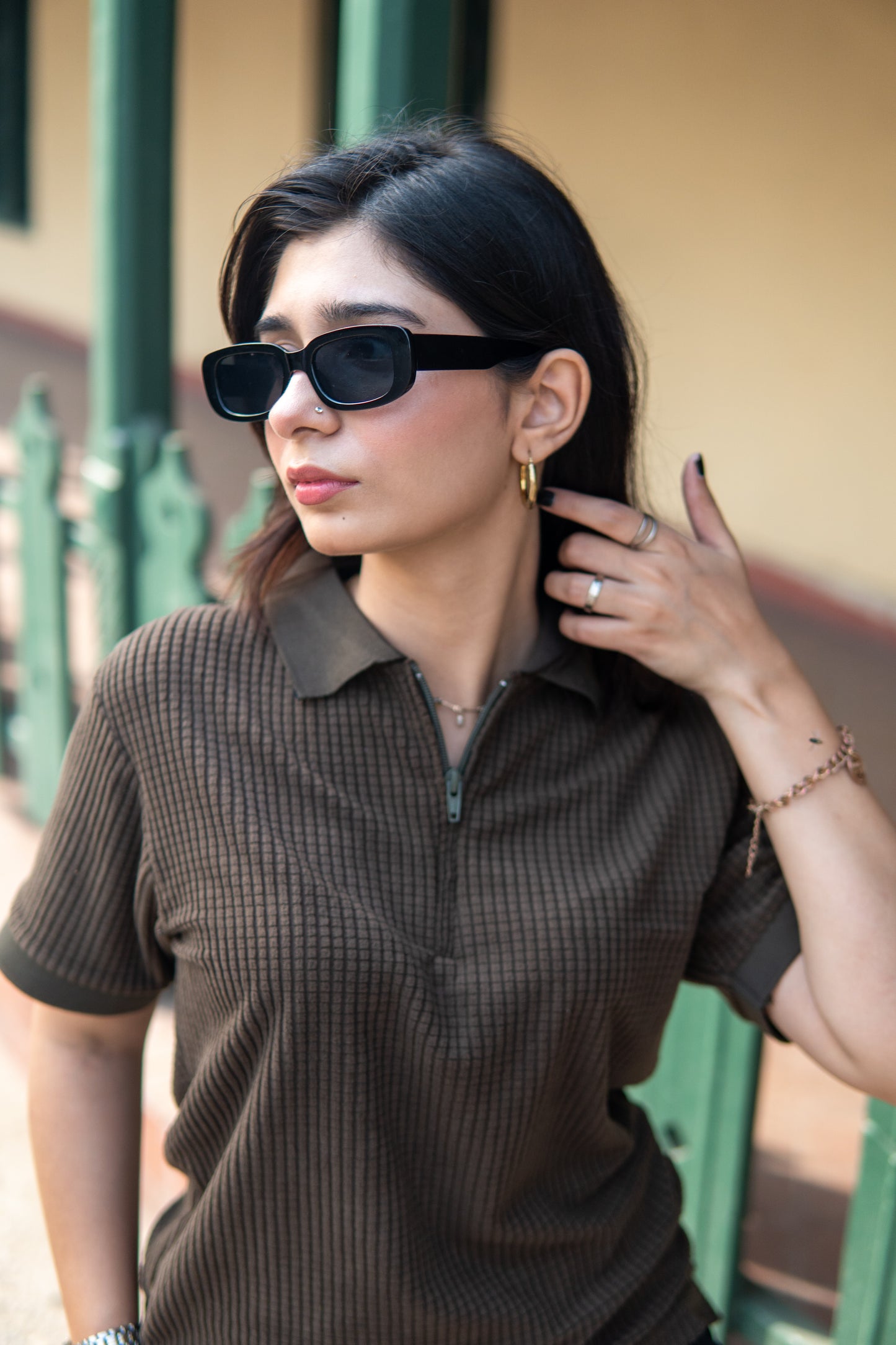Forest Green Women’s Knitted Zip-Up Polo Shirt – Half Sleeves