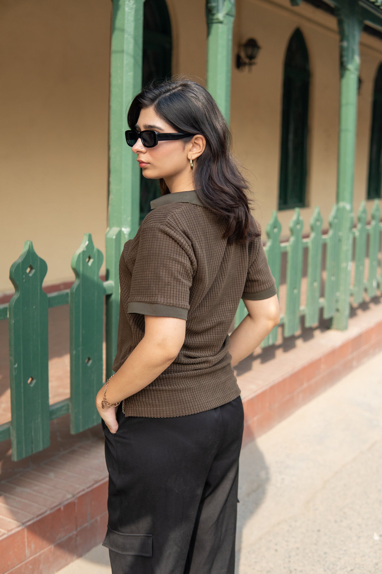Forest Green Women’s Knitted Zip-Up Polo Shirt – Half Sleeves
