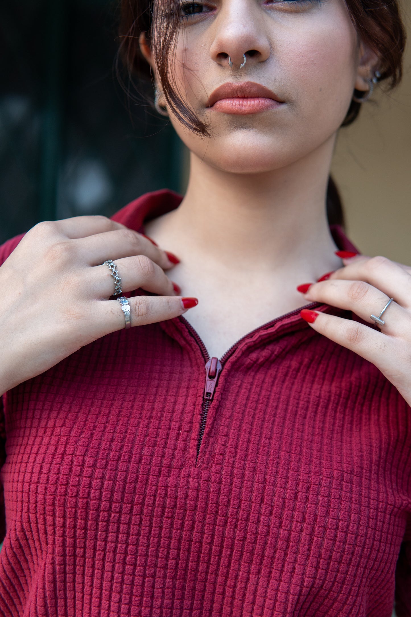 Wine Knitted Polo Shirt for Women – Square Knit, Half Sleeves