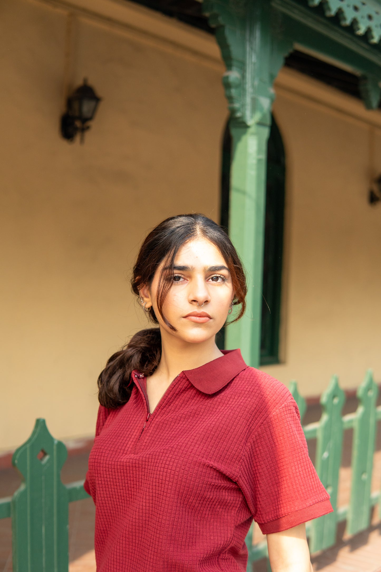 Wine Knitted Polo Shirt for Women – Square Knit, Half Sleeves