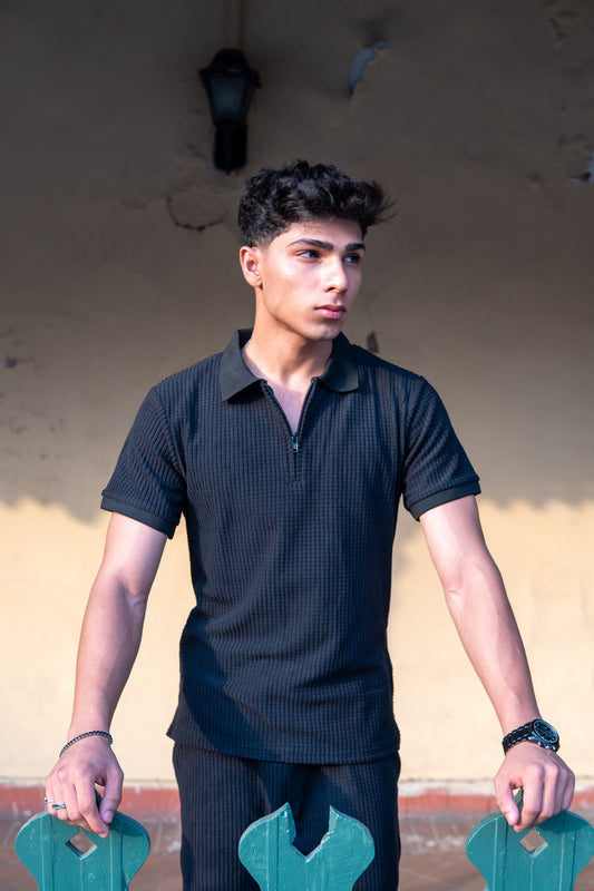 Men’s Black Square Knitted Zipper Polo Shirt