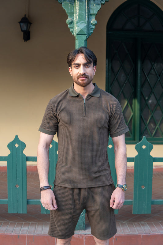 Men’s Forest Green Square Knitted Polo & Shorts Set