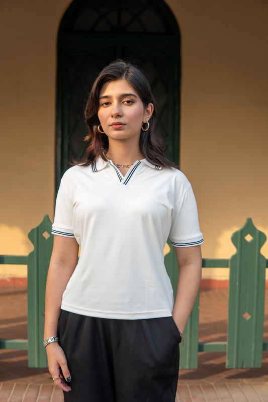 White Cropped Subox Knitted Polo Shirt for Women –  Half Sleeves