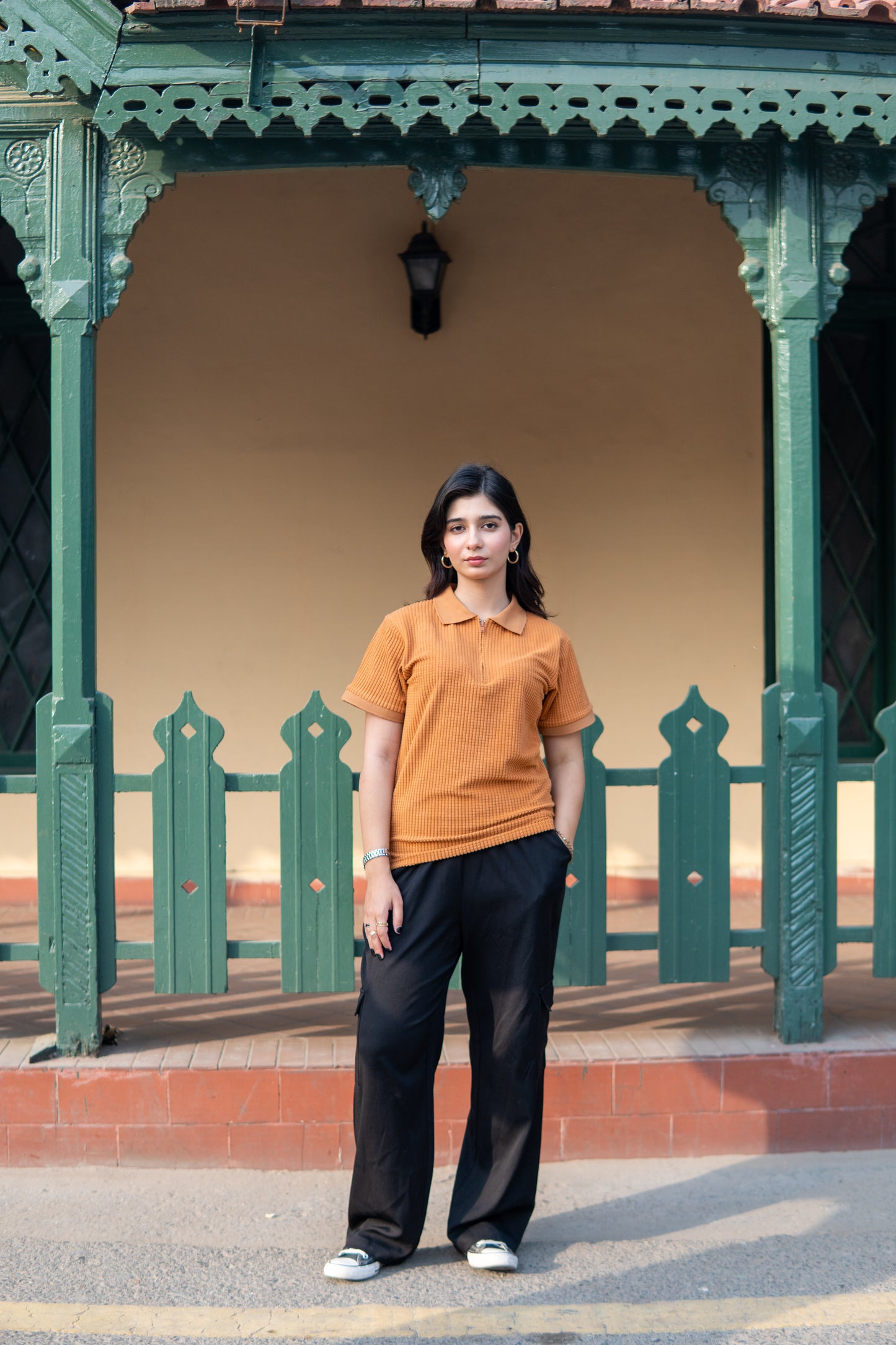 Tan Women’s Knitted Zip-Up Polo Shirt – Square Knit, Half Sleeves