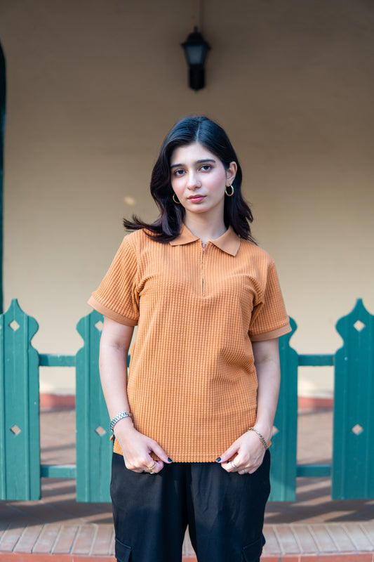 Tan Women’s Knitted Zip-Up Polo Shirt – Square Knit, Half Sleeves