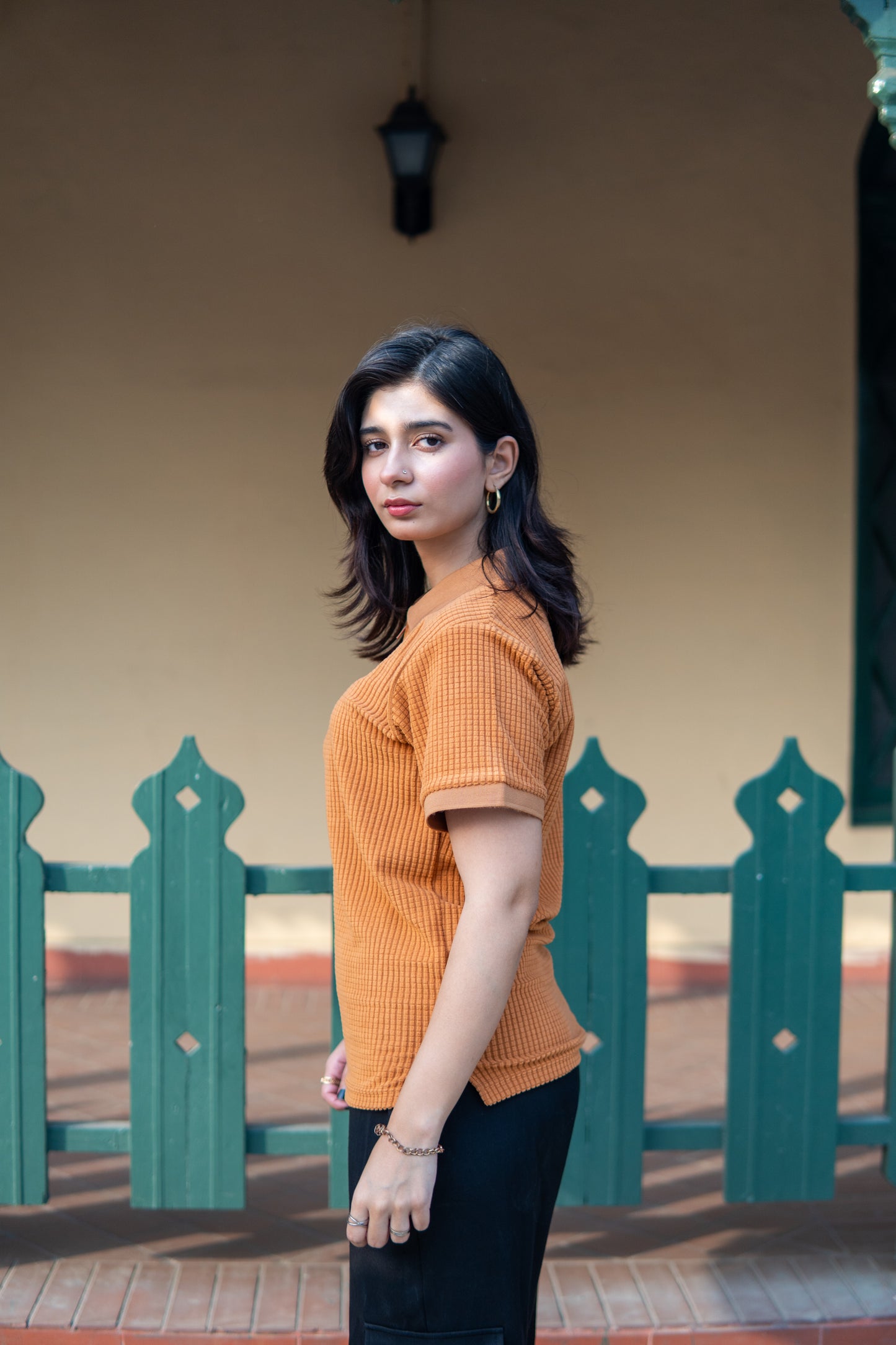 Tan Women’s Knitted Zip-Up Polo Shirt – Square Knit, Half Sleeves