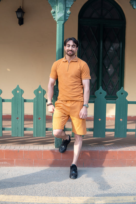 Men’s Tan Square Knitted Polo & Shorts Set