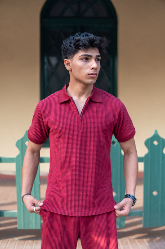 Men’s Wine Square Knitted Zipper Polo Shirt
