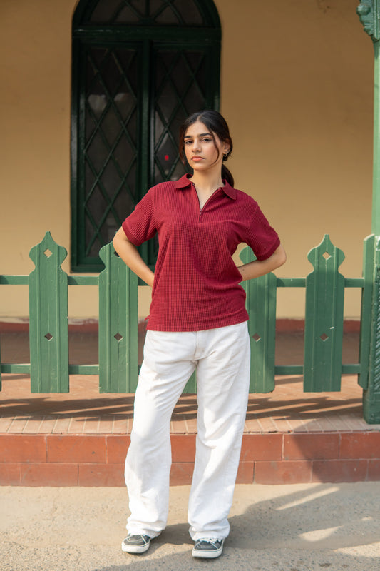 Wine Knitted Polo Shirt for Women – Square Knit, Half Sleeves