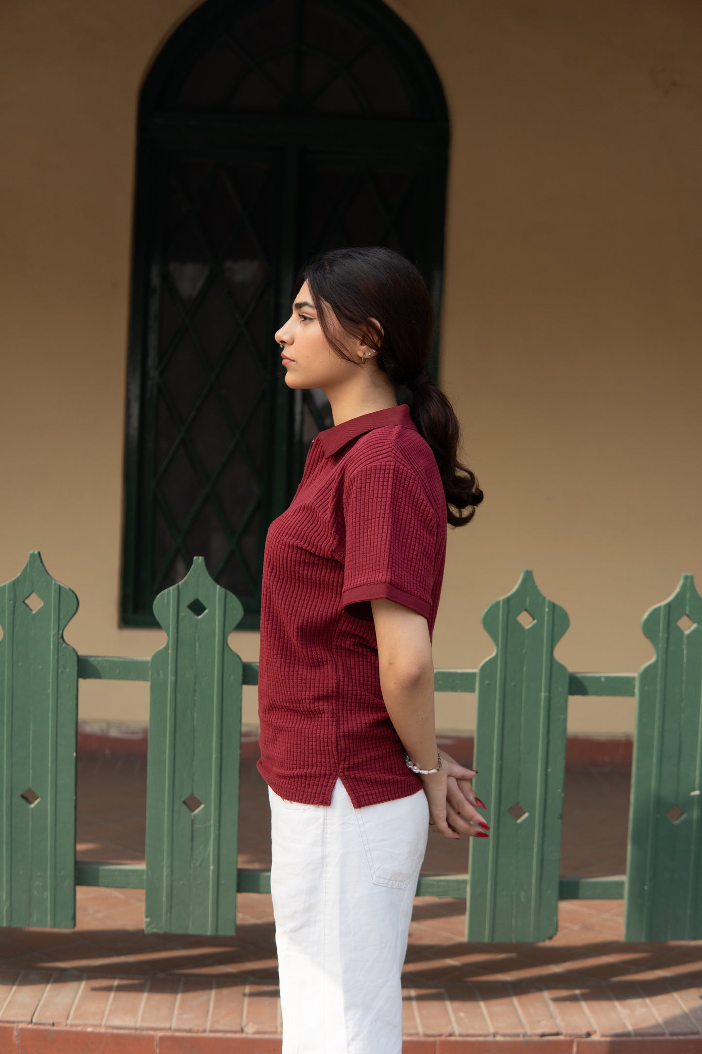 Wine Knitted Polo Shirt for Women – Square Knit, Half Sleeves
