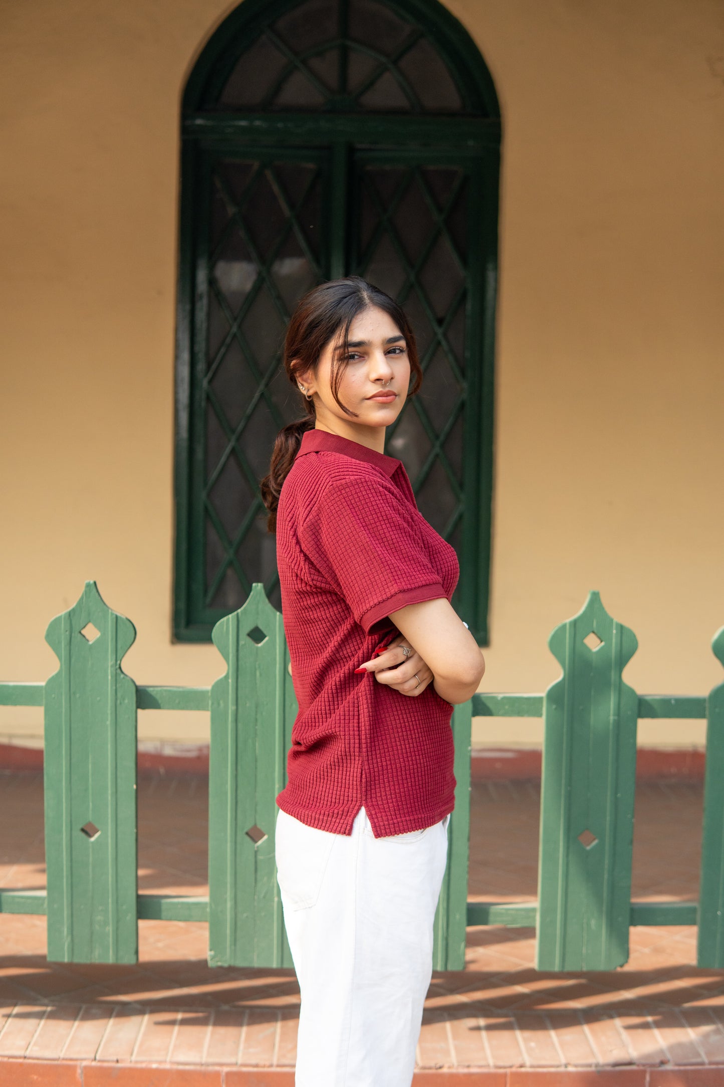 Wine Knitted Polo Shirt for Women – Square Knit, Half Sleeves